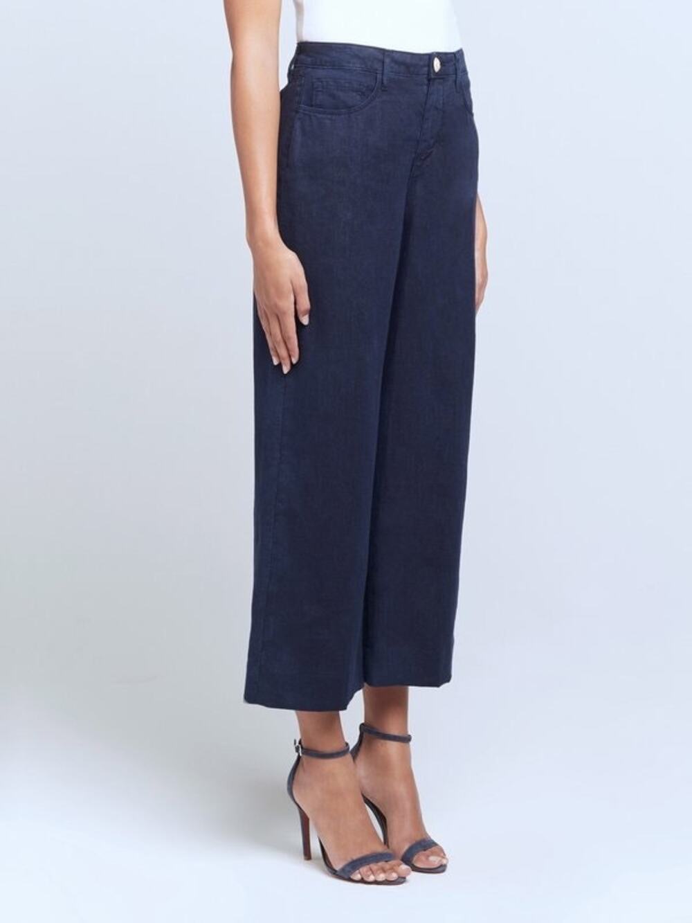 L'Agence High Rise Wide Leg Linen Pants Womens 32 Navy Blue Casual Summer Danica